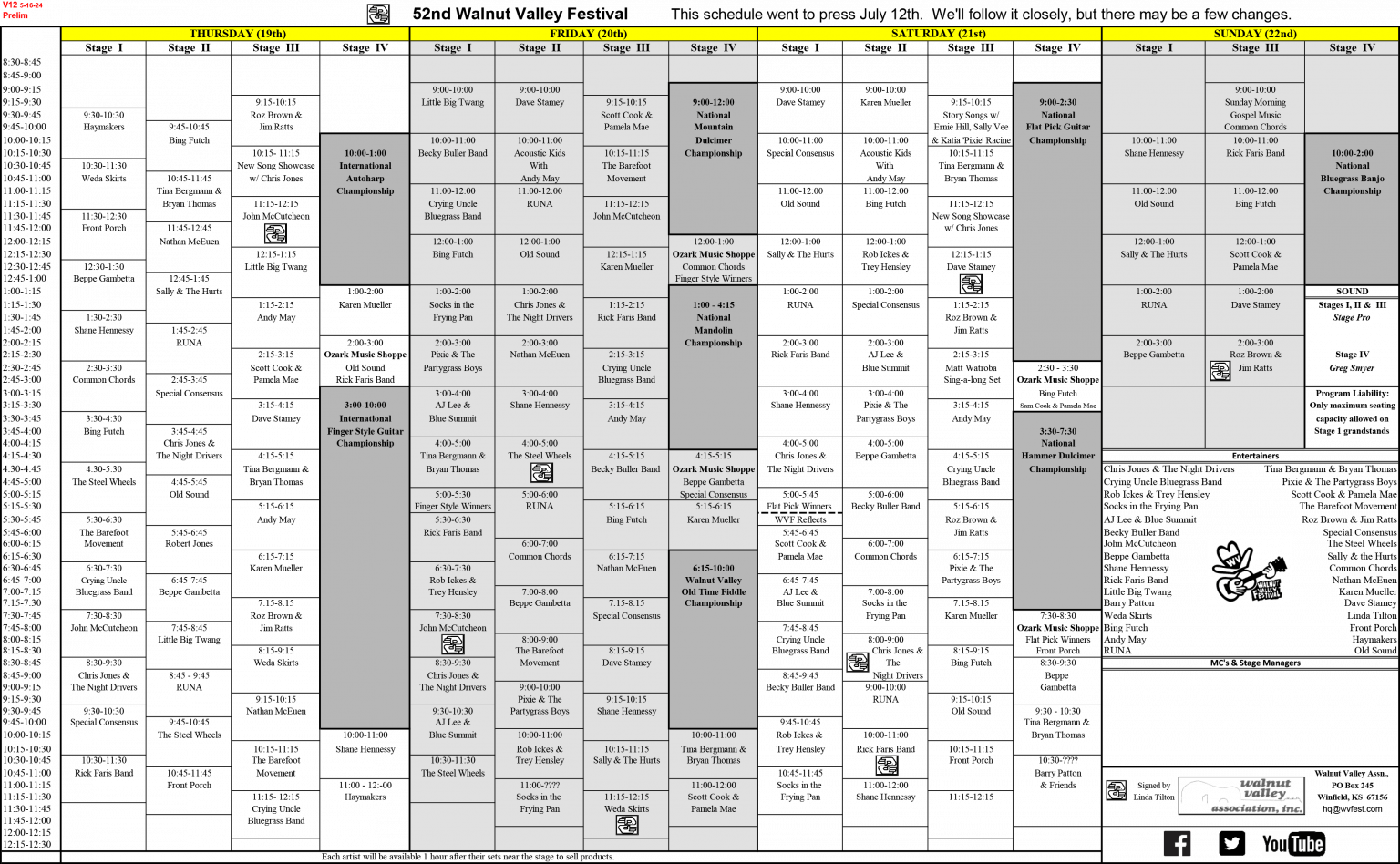 2024 Stage Schedules Walnut Valley Festival