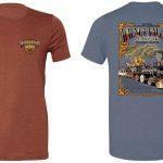 Front and back of t-shirts with 50th Anniversary Train Design (Heather Clay & Steel Blue Color)