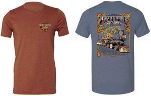 Front and back of t-shirts with 50th Anniversary Train Design (Heather Clay & Steel Blue Color)