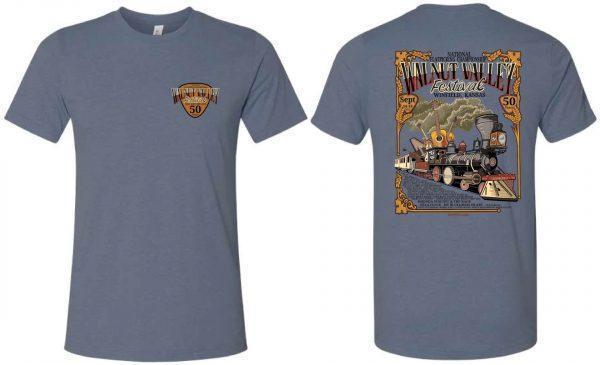 Front and back of t-shirts with 50th Anniversary Train Design (Steel Blue Color)