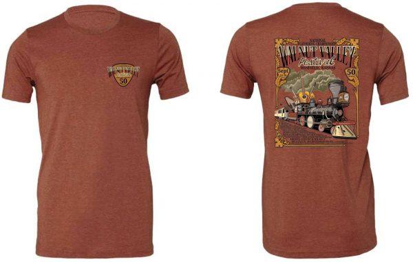 Front and back of t-shirts with 50th Anniversary Train Design (Heather Clay Color)